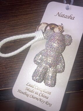 Natasha Couture Crystal Teddy Bear Keychain - White Braided Strap